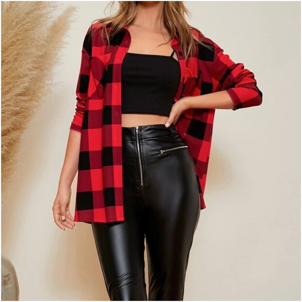 Cozy Button up Plaid Oversized Top - Picture 2 of 5